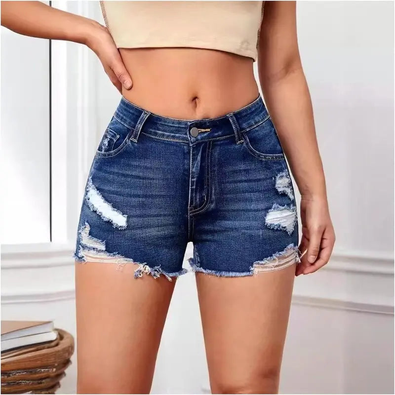 Women's High-Stretch Denim Shorts with Raw Hem & Pockets – Ripped, Comfortable & Stylish Summer Bottoms