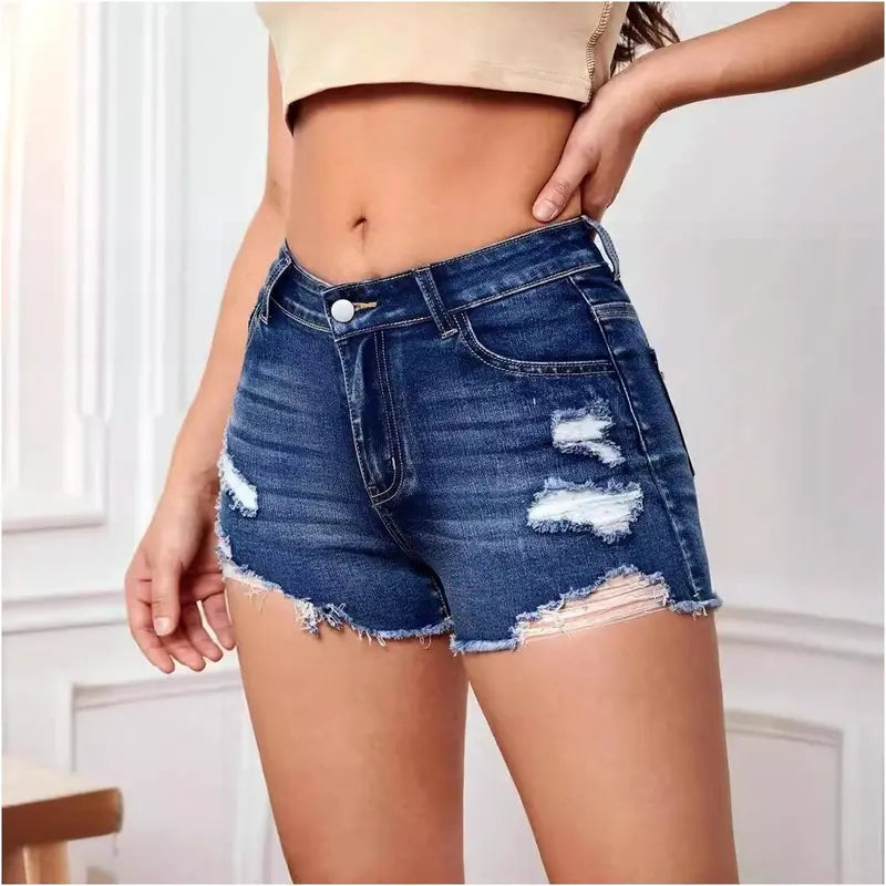 Women's High-Stretch Denim Shorts with Raw Hem & Pockets – Ripped, Comfortable & Stylish Summer Bottoms