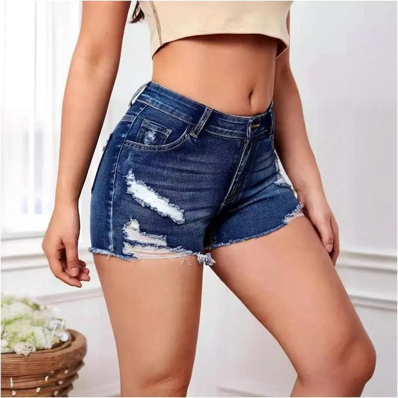 Women's High-Stretch Denim Shorts with Raw Hem & Pockets – Ripped, Comfortable & Stylish Summer Bottoms